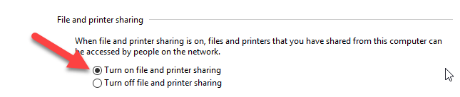 Turn on file and printer sharing