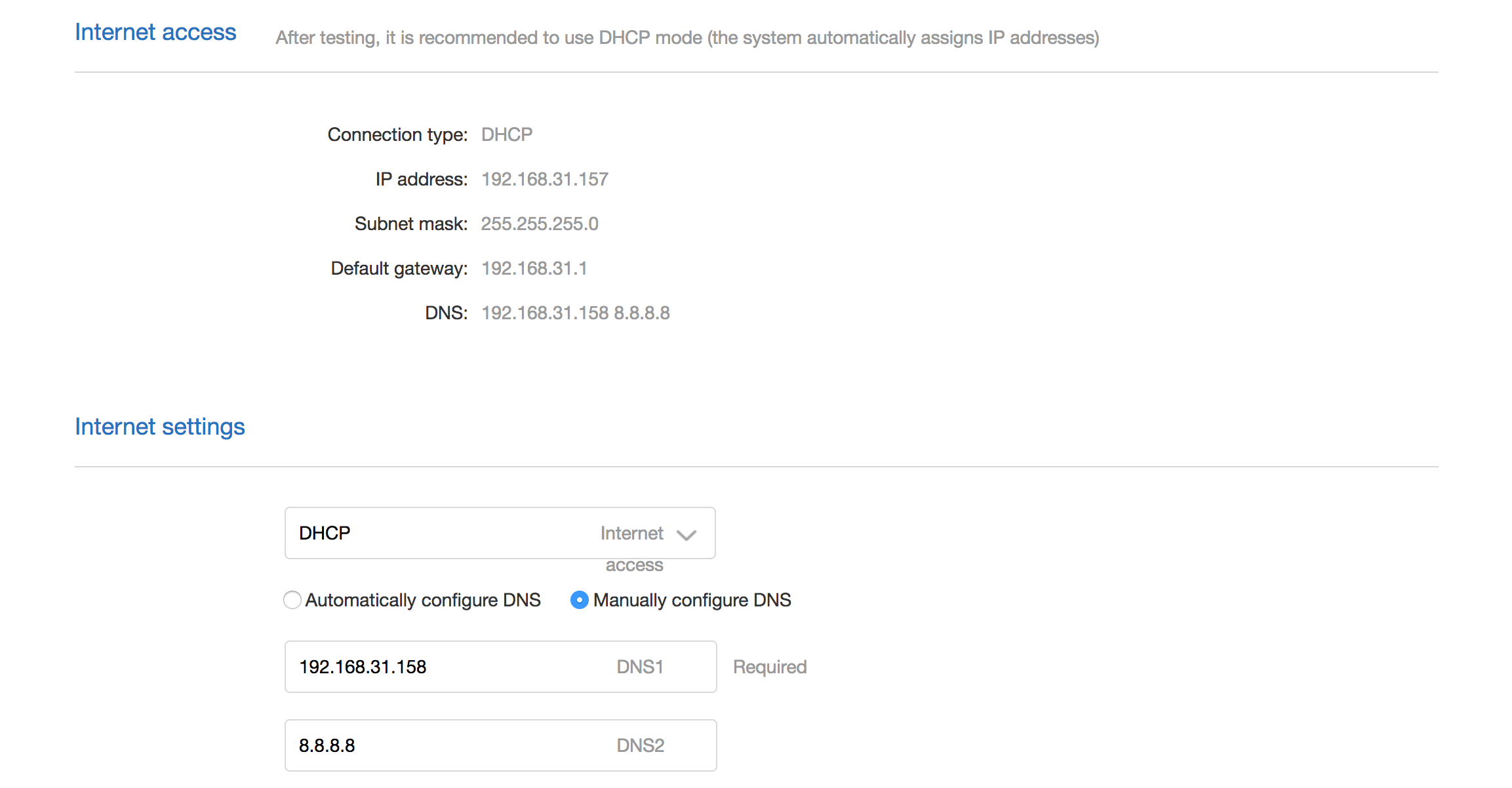 DHCP wifi settings