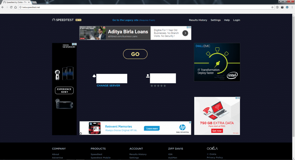 speedtest beta webpage with ads