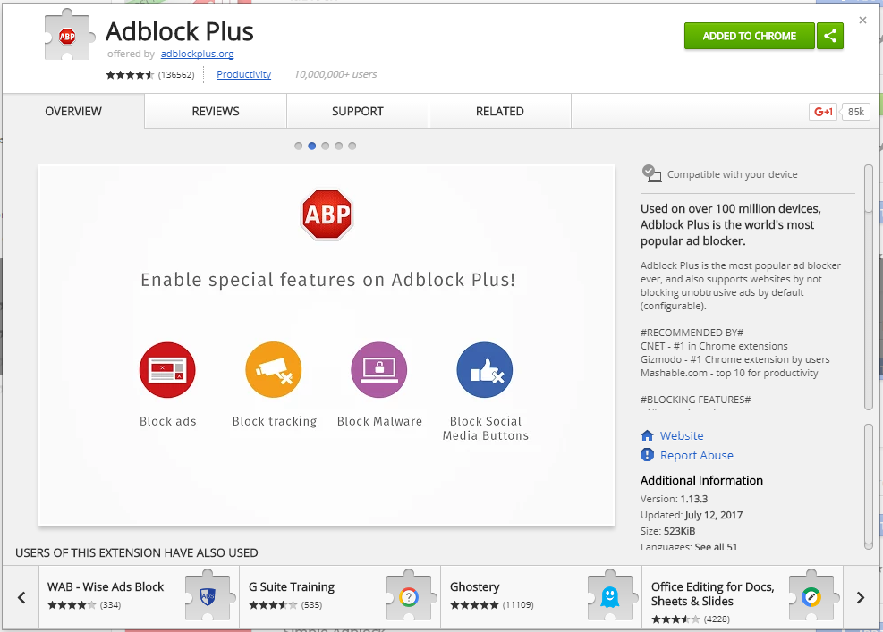 adblock plus pop-up description windows on the chrome web store
