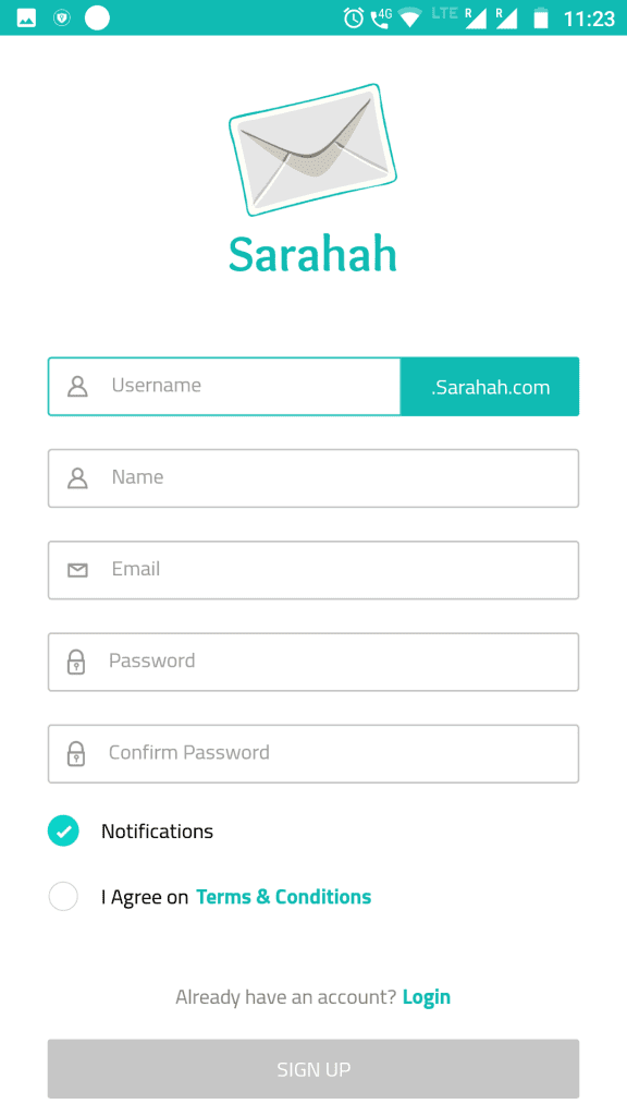 Sarahah app - Create account 