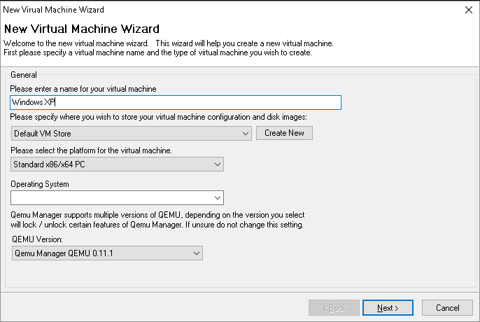 Virtual Machine Wizard window