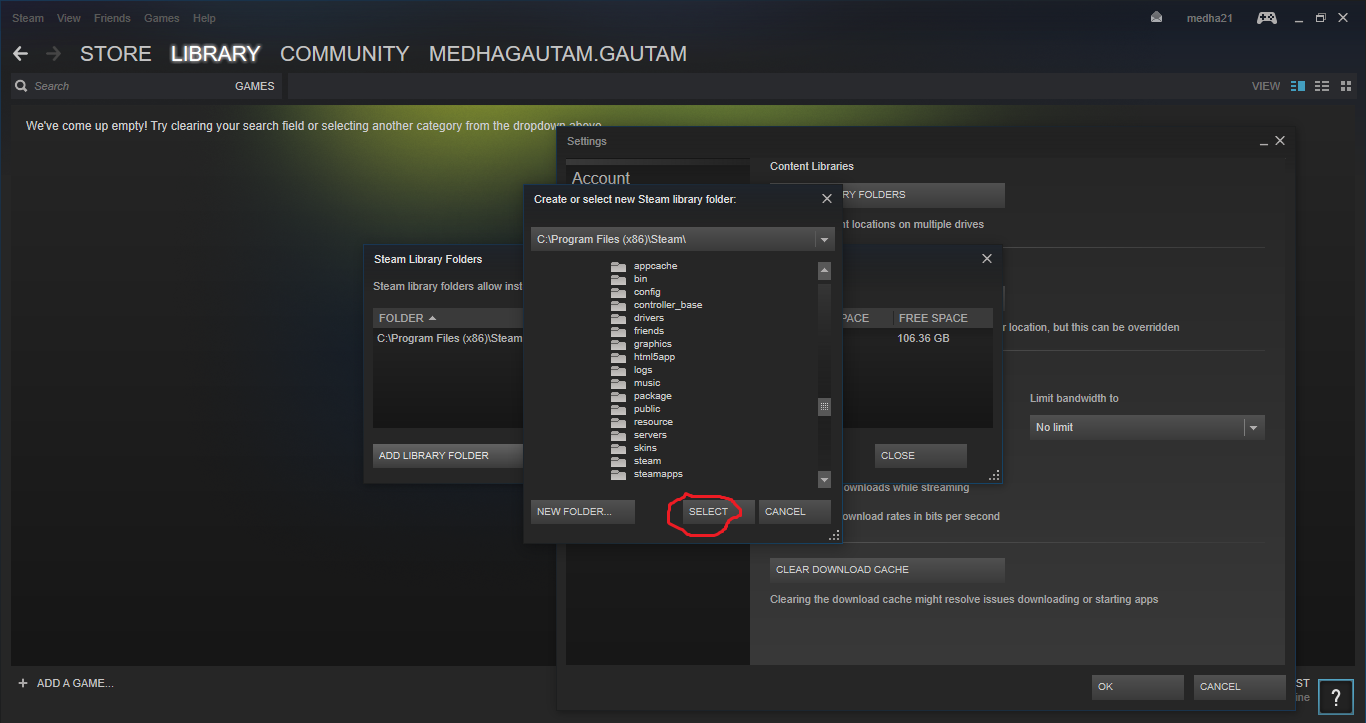 Create or select new steam library folder