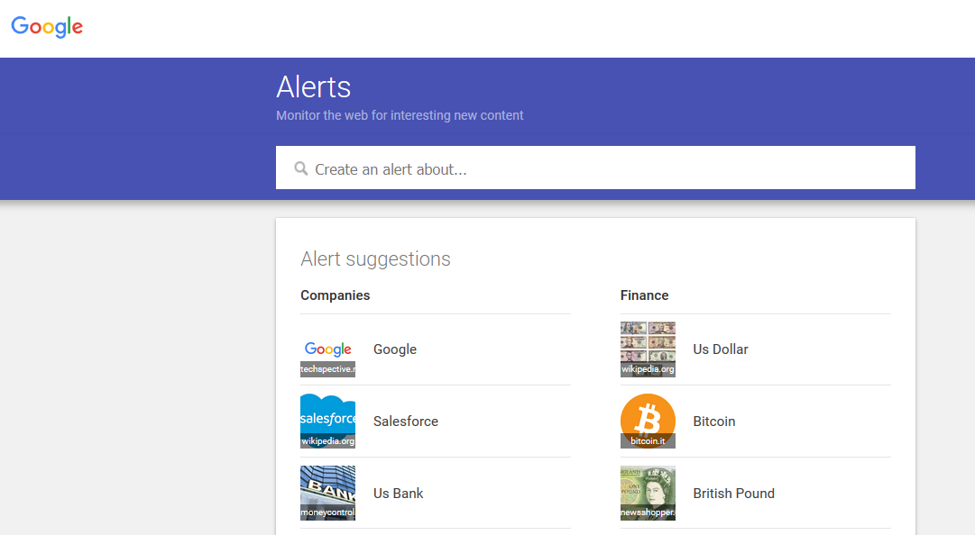 Google Alerts landing page