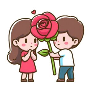 Cartoon graphic of a boy giving a giant rose to a girl on a white background