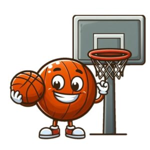 Basketball cartoon character standing near Basket